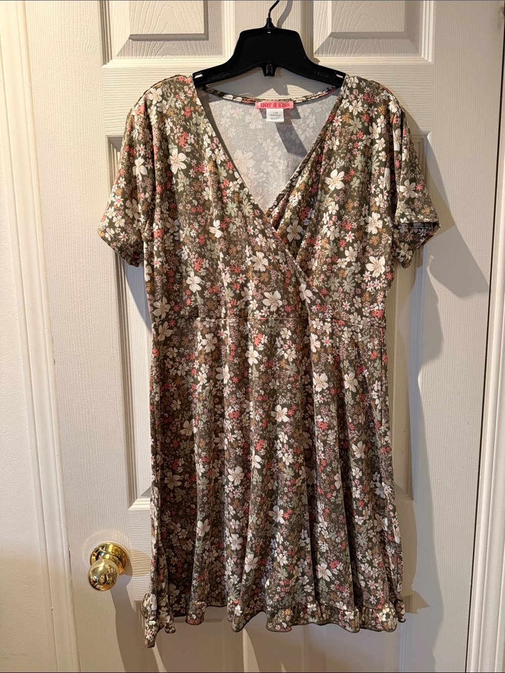 197 - Hot Kiss Olive Green Floral Wrap-Style Dress with White and Pink Flowers